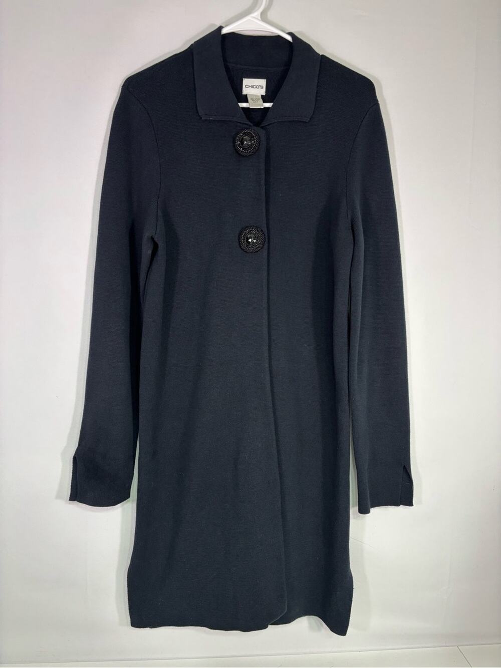 Chico’s Black Textured Knit Long Jacket Coat Statement Buttons Artsy Large